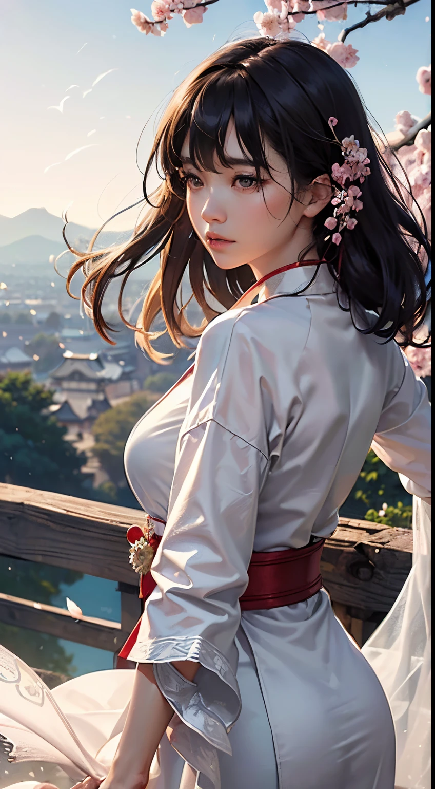 (A logo、​masterpiece、8K、masutepiece、Raw photo、Fantastic、Best Quality、Photorealistic、extremely detailed CG unified 8k wallpaper、hightquality、ighly detailed、epic poem、Particle effect、Dynamic effects、depth of fields、Cinematic Light、Lens Flare、Ray tracing)、Fantasia、 (1 beautiful woman in a white coat、robe blanche、Japanese dress、A dark-haired、Beautiful face、Real Face、Beautiful detail eyes、Beautiful skin)、Hair flutters in the wind、Hair jumps、Pink cherry blossom tree、Petals flutter、Sakura blizzard、Superb view、morning glow、Sun in the background、the wind、Deities、tusk、myth、Vast Land、