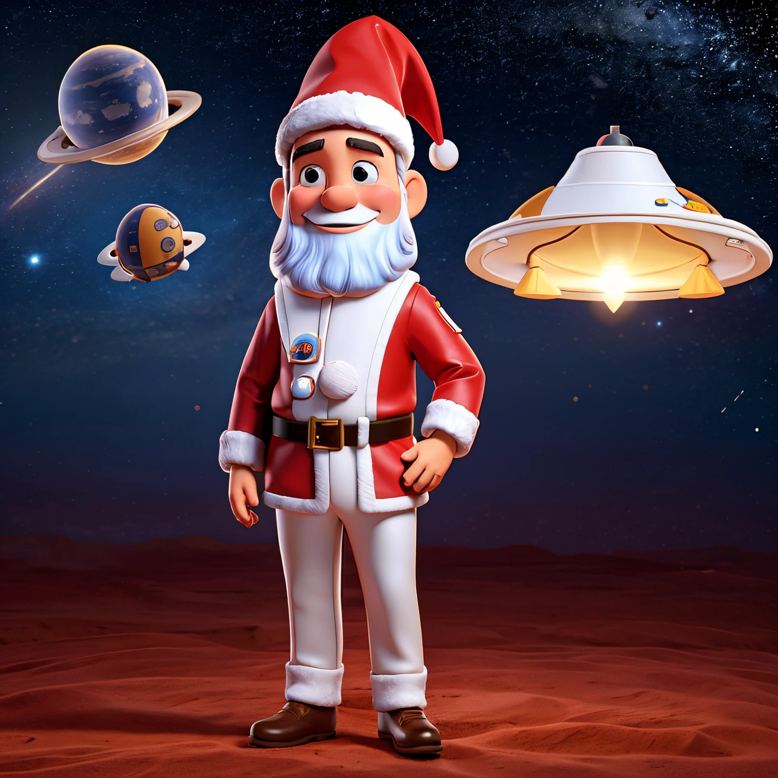 papai noel usando capacete de astronauta, roupa de astronauta, roupa vermelha, voando, legal, Maneiro, descolada, corpo inteiro, full body, outer space, space santa claus