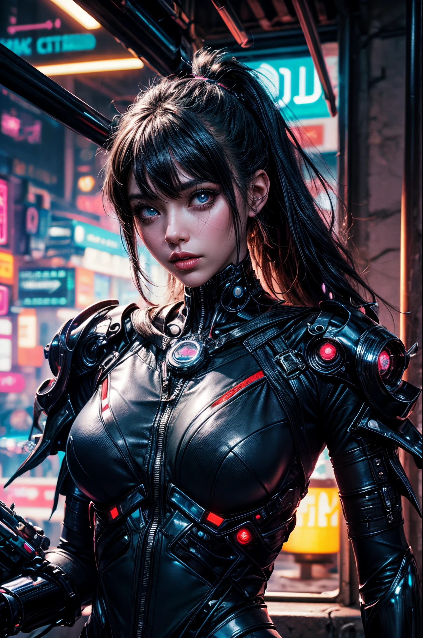 Professional portrait in cyberpunk style, thigh-high photo, one woman, metal skull, scar on face, metal torso, metal arms, old rusty armor, night city, neon lights, eye contact, looking at viewer, masterpiece, best quality, perfect  detail, perfect face detail, perfect eye detail, perfect skin detail, depth of field, perfect lighting