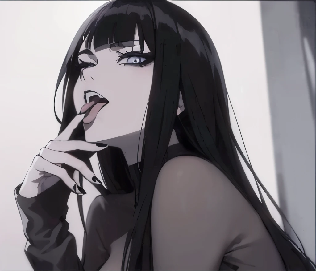 1girl, solo, grey eyes, black hair, blunt bangs, goth, gothic, sharp eyeliner, eye shadow, straight hair, long hair, black lips, canine, open mouth, tongue out