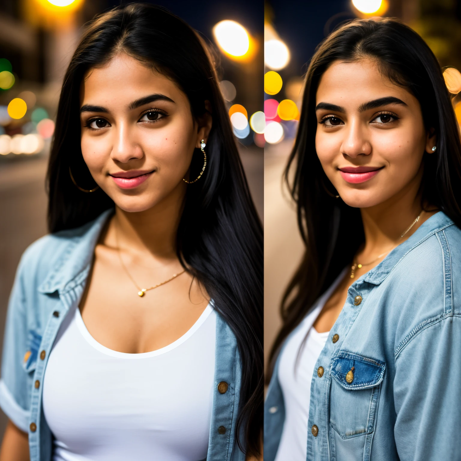 RAW photo, a portrait photo of 20 y.o brazilian woman in casual clothes, nigth, city street, (high detailed skin:1.2), 8k uhd, dslr, soft lighting, high quality, film grain, Fujifilm XT3