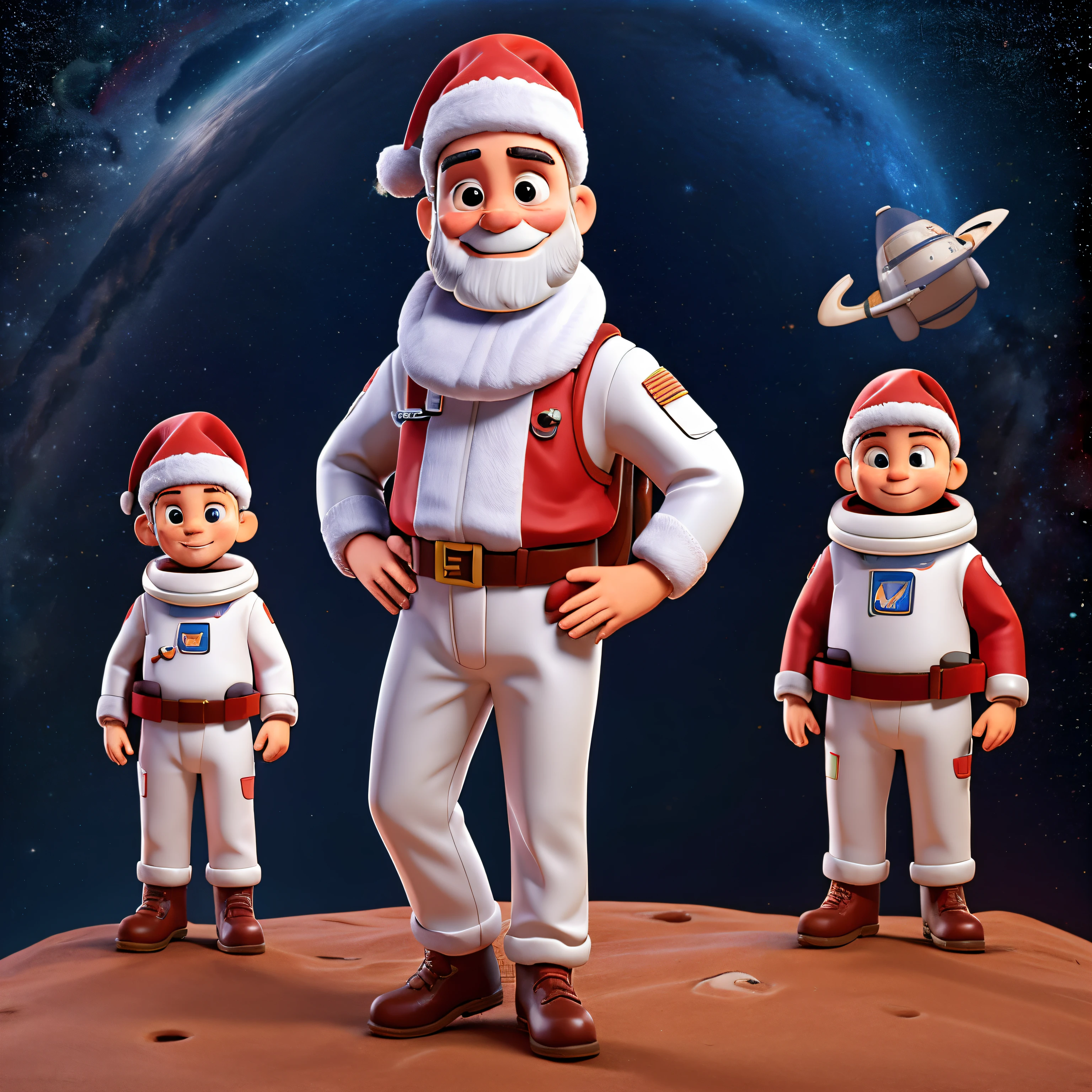 papai noel usando capacete de astronauta, roupa de astronauta, roupa vermelha, voando, legal, Maneiro, descolada, corpo inteiro, full body, outer space, space santa claus