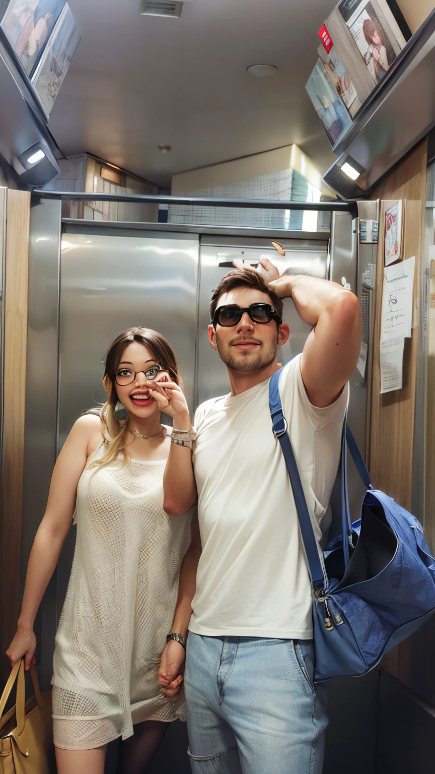 there are two people standing in an elevator with one woman, in an elevator, group of people in an elevator, behind the scenes, hidden camera photo, pov photo, in the dark elevator, photo 2 0 1 0, elevator, locker room, swim suite, so i advised her to get in line, photo taken in 2 0 2 0, photo shoot