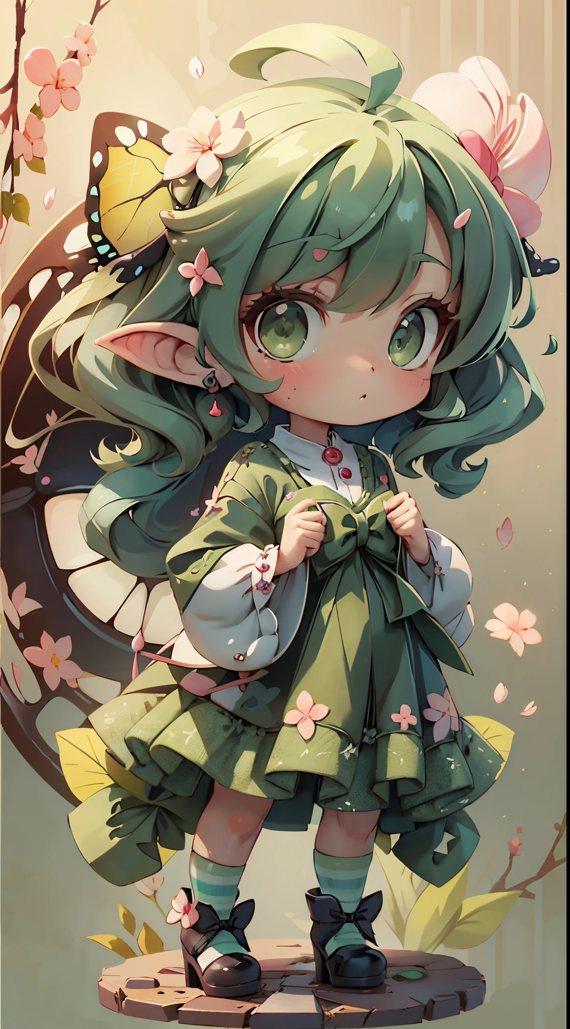 plastican00d, 1Succubusgirls, Chibi T-Shi,green hair, Luxury fabrics,Harajuku style, dither, Cherry blossom and butterfly texture,Profound, looking at the spectator, Striped background
