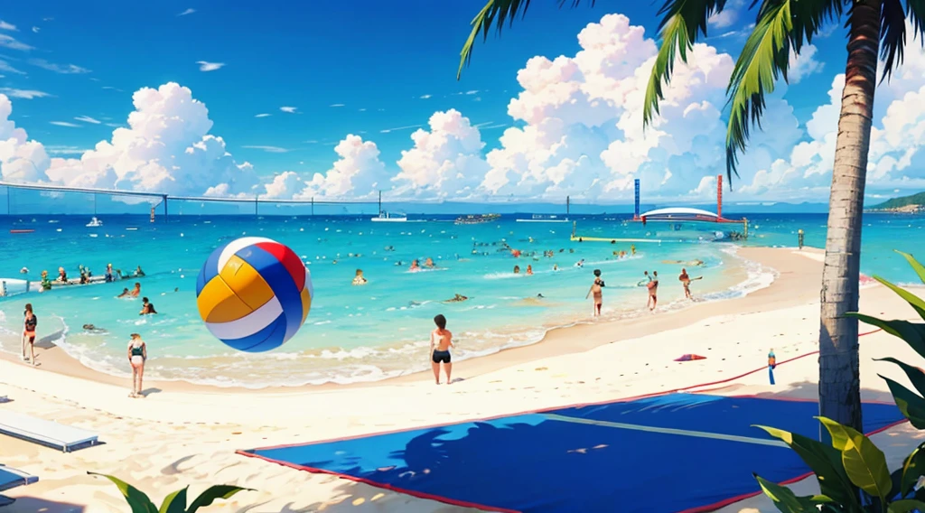 background sunny beach, 64k, UHD, commissioned, people playing volleyball, people sunbathing, vivid