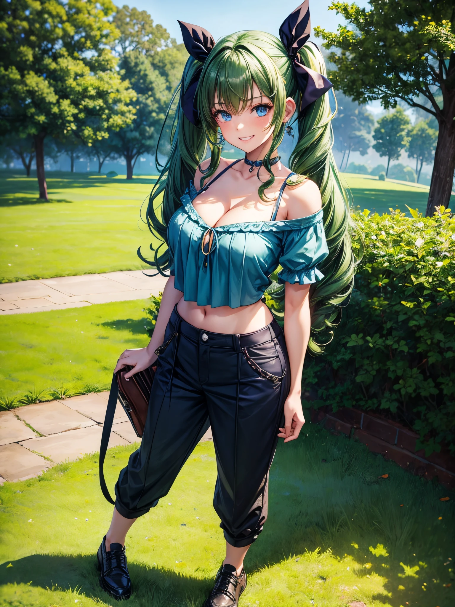 1girl, solo, full body, summer, village, trees, ((dark green hair)), curly hair, twintail, large breasts, ((blue top)), cleavage, dark blue eyes, pants, shoe, grin, looking at the viewer, hair ribbon, hair clip, necklate, ear rings