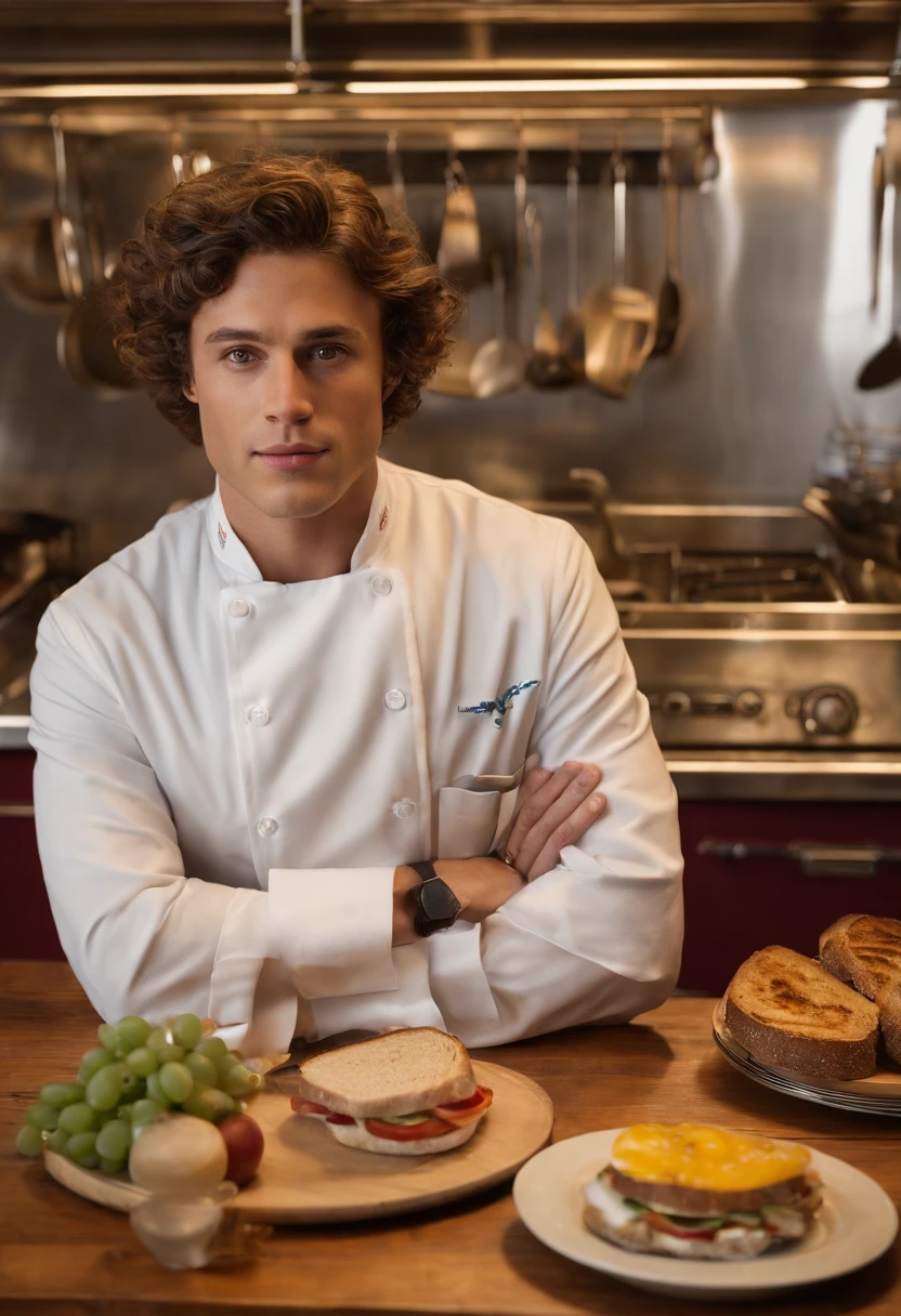 A close-up photo of a beautifully plated sandwich with colorful, artistic garnishes,The Bear,Carmen “Carmy” Berzatto, portrayed by actor Jeremy Allen White, is a young chef with a lean and agile build, reflecting his bustling energy in the kitchen. He has a rugged, somewhat weary appearance, with short, tousled dark hair and intense, expressive eyes that often convey the weight of his personal and professional pressures. Carmy’s typical attire in “The Bear” includes a white chef’s coat or a simple t-shirt.