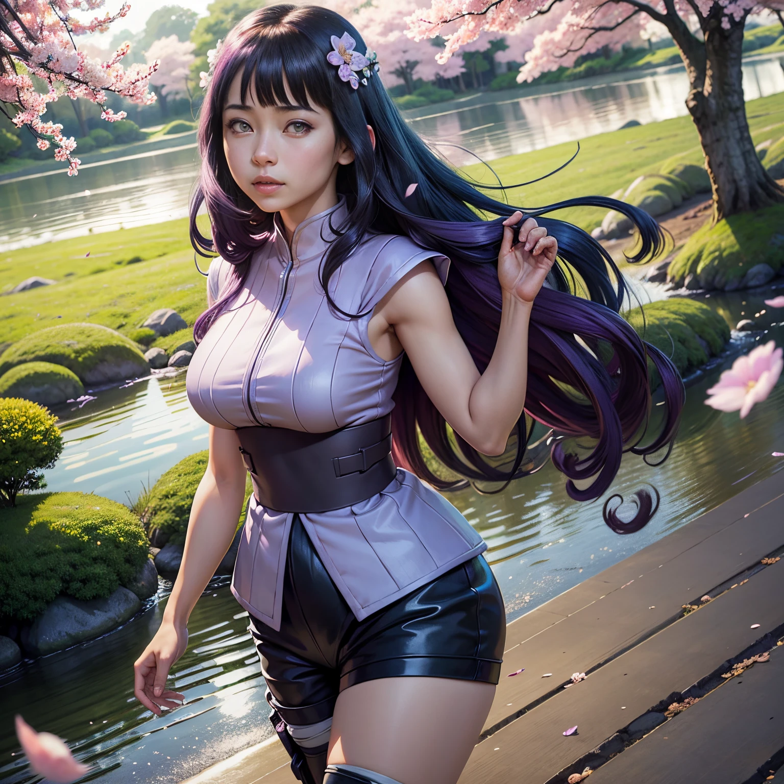 hyuuga hinata, anime, (1girl), The latest clothes, tom de cor roxo e branco, olhos cristalinos, sorriso suave, flowing lilac hair, chakra brilhante, Byakugan, quimono lavanda, Delicate floral patterns, dobras intrincadas, fundo sereno do jardim, luz solar suave, Ambiente tranquilo, ethereal beauty, rosto detalhado, blush sutil nas bochechas, Aura radiante, Brisa leve, cherry blossom petals, Funny posture, serene expression, complexidade delicada, Intricate Hair Accessories, Japanese traditional crafts, Manga art style, bright and pastel colors, dreamlike atmosphere. (best quality, 4k, alto), ultra-detalhado, Realistic, vivid colors, studio lighting