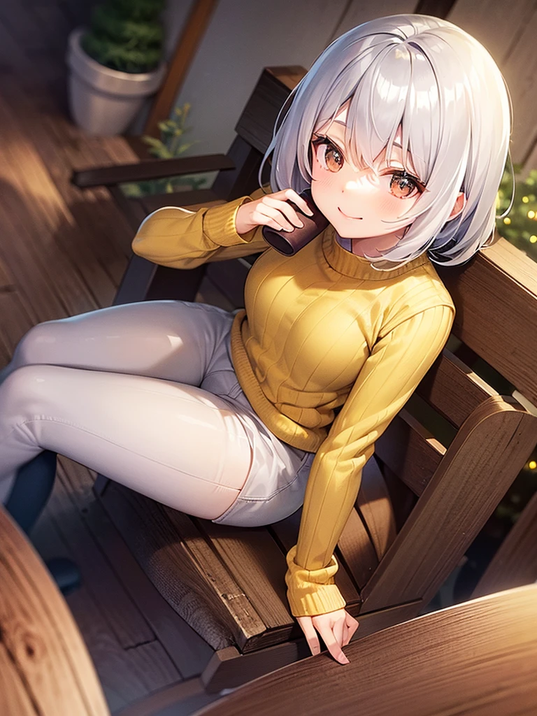 one silver hair loli girl, head is green knit, tops is yellow knit sweater, drinking hot cocoa, happy smile, sit down on wooden chair.in the log house.
