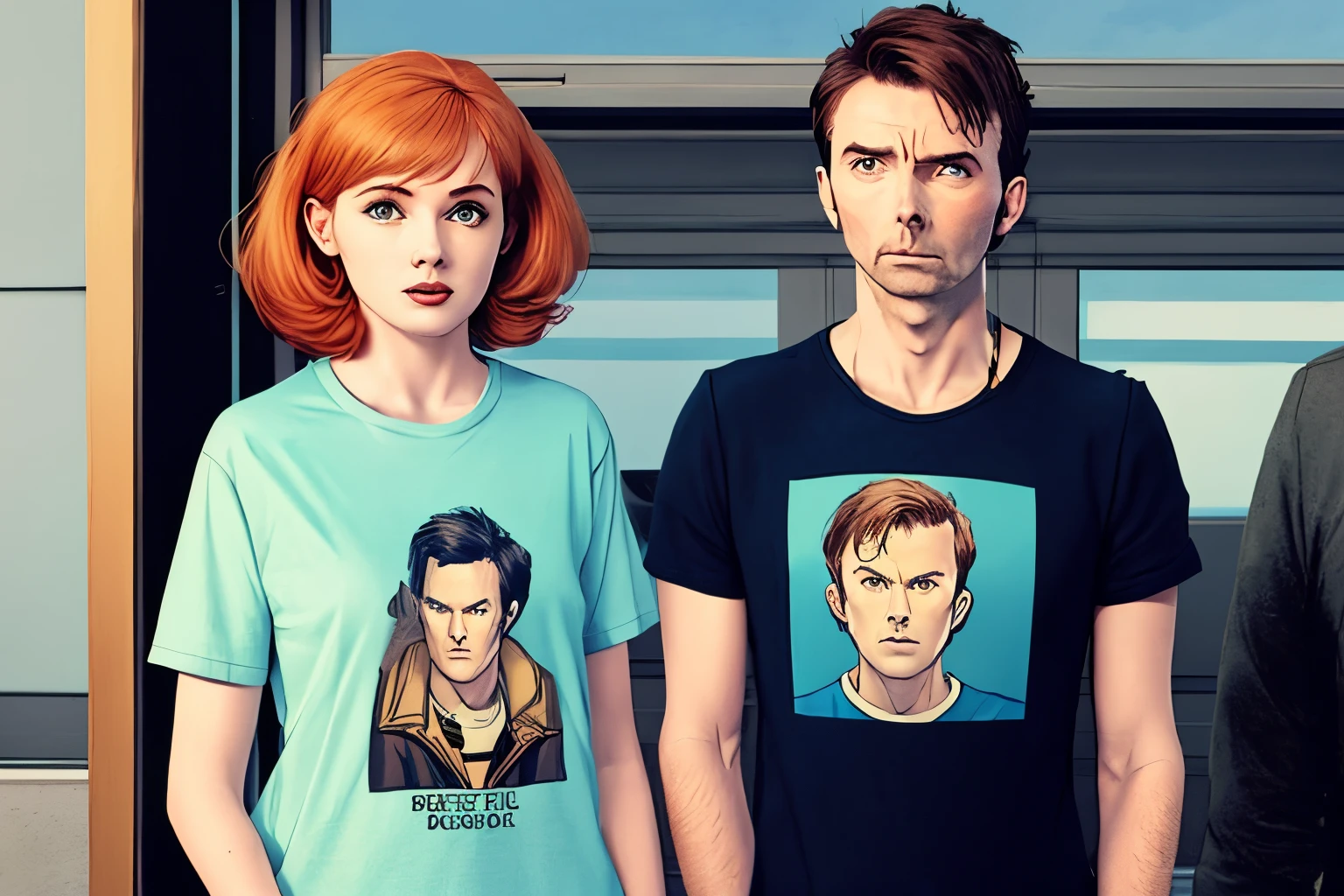 The 10th doctor from doctor who (played by david tennant) in his normal outifit, standing next to a 14 year old girl with short ginger hair and curtain bangs, that wears a graphic t-shirt and is 5'4