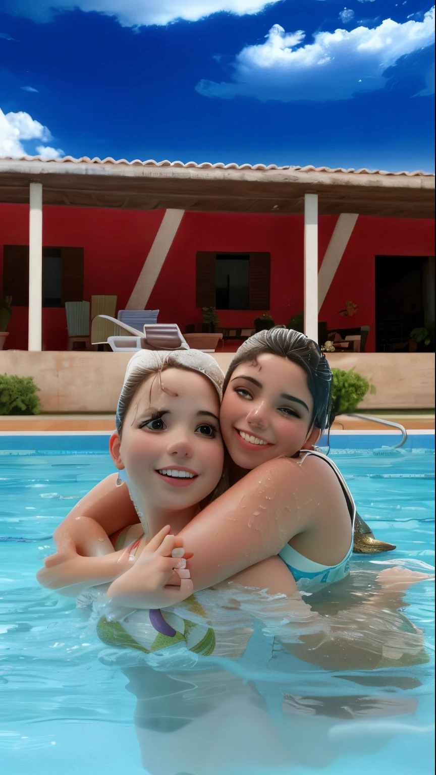 there are two women in the pool hugging each other, by Nándor Katona, andrea rocha, in a swimming pool, pool party, with wet faces!!, profile image, julia fuentes, malika favre, in water! up to shoulders, valentina remenar, alena aenami and lilia alvarado, by Olivia Peguero