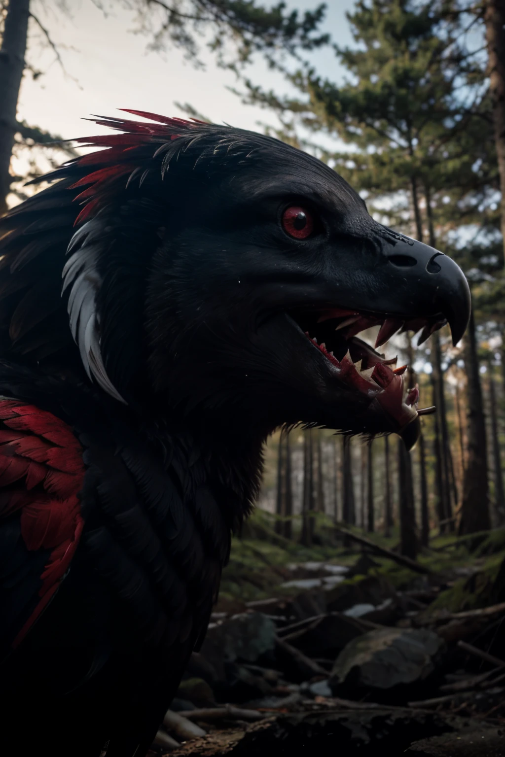 side shot sea bird with teeth smiling, scary mood, in black and red forest, 8k