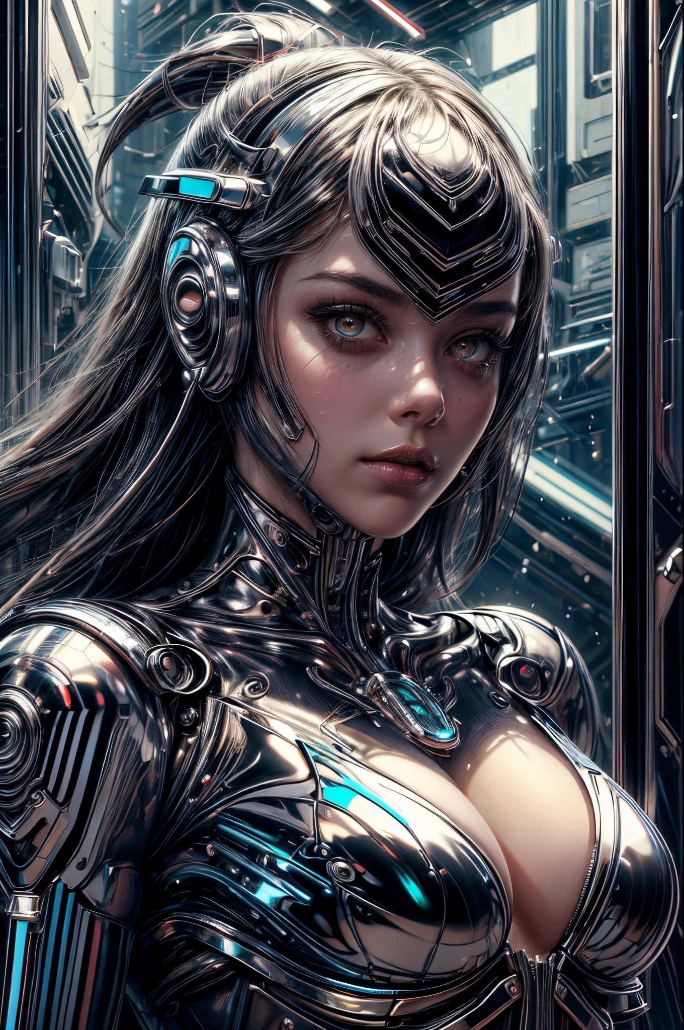 "Futuristic android, Hajime Sorayama inspired, sleek ((chrome)) surface, reflective ((glass)), leather-clad, (futuristic) girl, dynamic pose, metallic sheen, glowing eyes, ((cyberpunk aesthetic)).