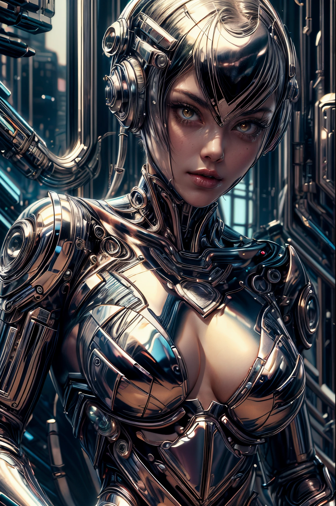 "Futuristic android, Hajime Sorayama inspired, sleek ((chrome)) surface, reflective ((glass)), leather-clad, (futuristic) girl, dynamic pose, metallic sheen, glowing eyes, ((cyberpunk aesthetic)).