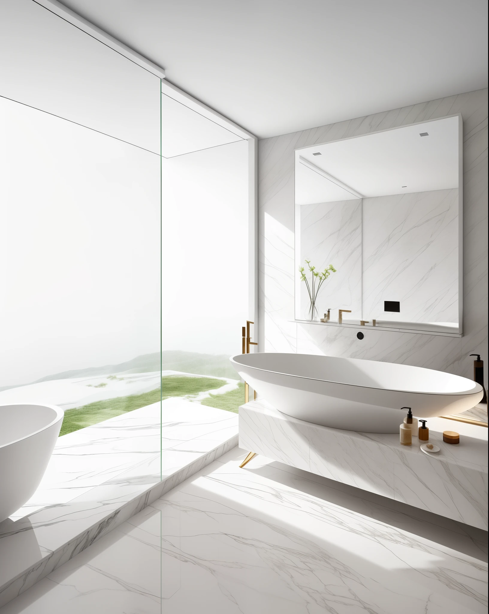 there is a large bathroom with a large bathtub and a large mirror, marble and wood and glass, premium bathroom design, mirror and glass surfaces, modern bathroom, marble walls, clean lines, functional and elegant look, detailed surroundings, smooth marble surfaces, modern look, elegant minimalism, modern style, pristine and clean design, modern design, rustic, interior of a bathroom