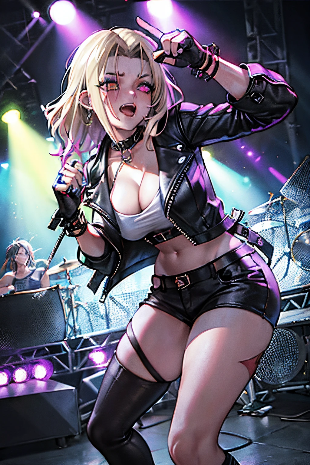 edgy look, rocking hard, vibrant colors, stage lights, grungy background, electric guitar, leather jacket, ripped jeans, smoky makeup, rebellious attitude, energetic performance, confident stance, wild hair, punk rock, concert atmosphere, live music, passionate crowd, dynamic energy, powerful vocals, rock and roll spirit, electric atmosphere.