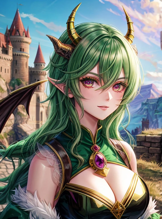 Green hair pink eyes. Dragon horns. Castle background. Female woman