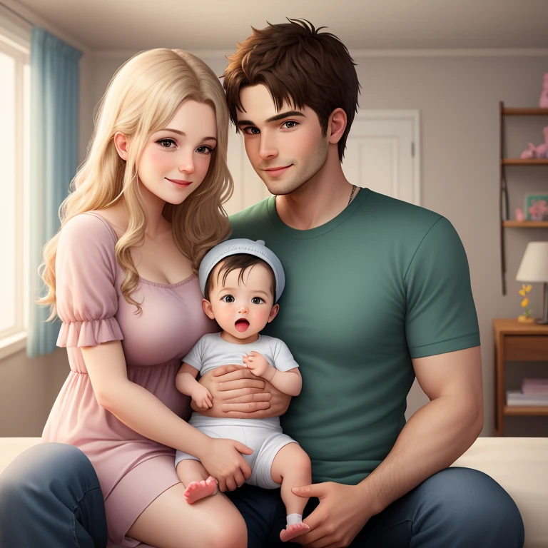 Create two adult characters holding a baby on their lap, that are in a children&#39;s room