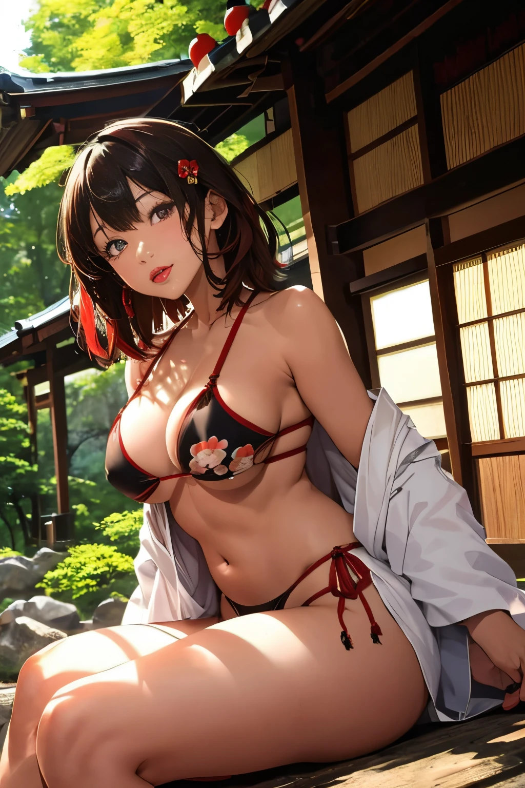 (in woods:1), ((in the mountains of japan:1))、((on a tree))、sexy female crow tengu、Japanese traditional UMA tengu, sexy japanese monk costume, Sexy brown skin, Nice sexy body、tanned healthy sexy skin、One lady、Red hair ornament、((Black Japanese style sexy costume:1))、with the crow