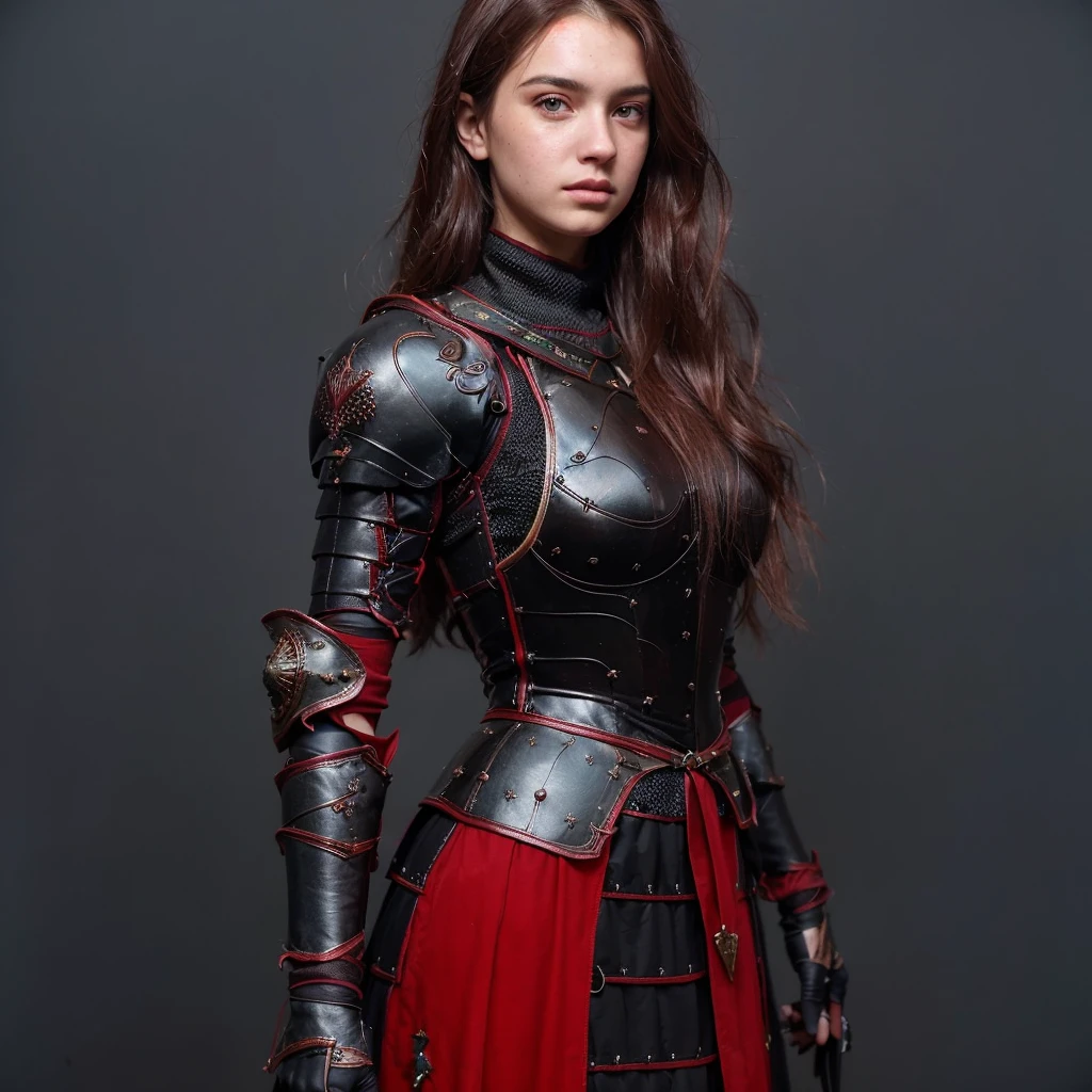 (best quality,Altas,ultra-detalhado,Realistic:1.37),(estilo de fantasia medieval,menina guerreira:1.1),Rosto bonito e detalhado,long flowing straight hair,vivid colors,foco nítido,profissional,studio lighting, olhos azuis bem claros, expression serious