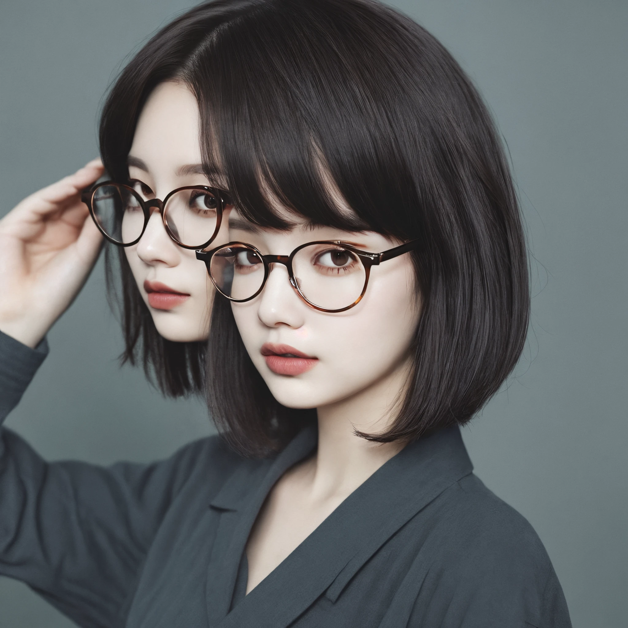 short dark drown hair and glasses girl