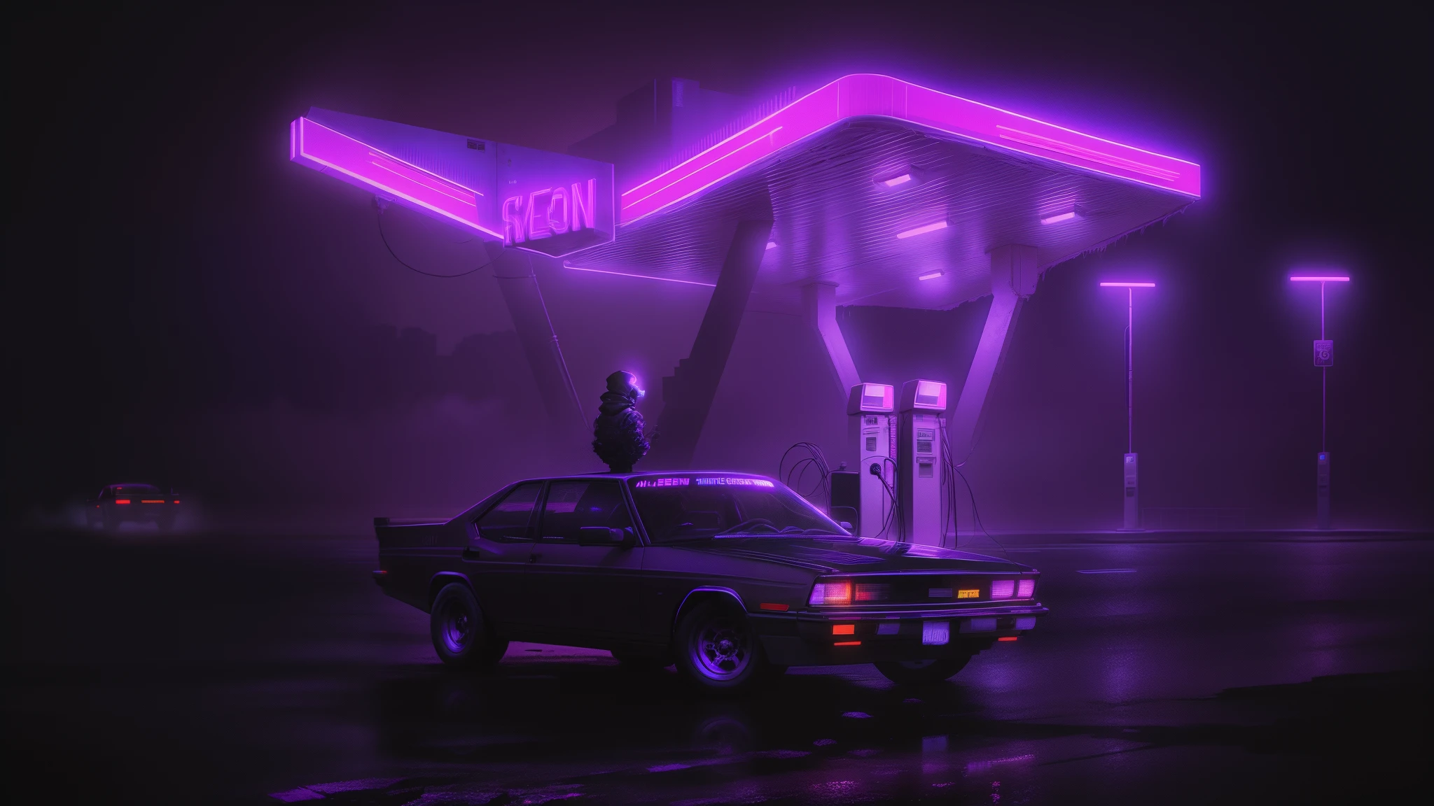 purple neons on a gas station at night with a car parked in front, neon fog, foggy neon night, misty neon lights, synthwave neon retrofuturism, mechanical features and neon, neon lit, synthwave aesthetic, neon dark lighting, artem demura beeple, dark cyberpunk neon atmosphere, dark retrowave, cinematic neon uplighting