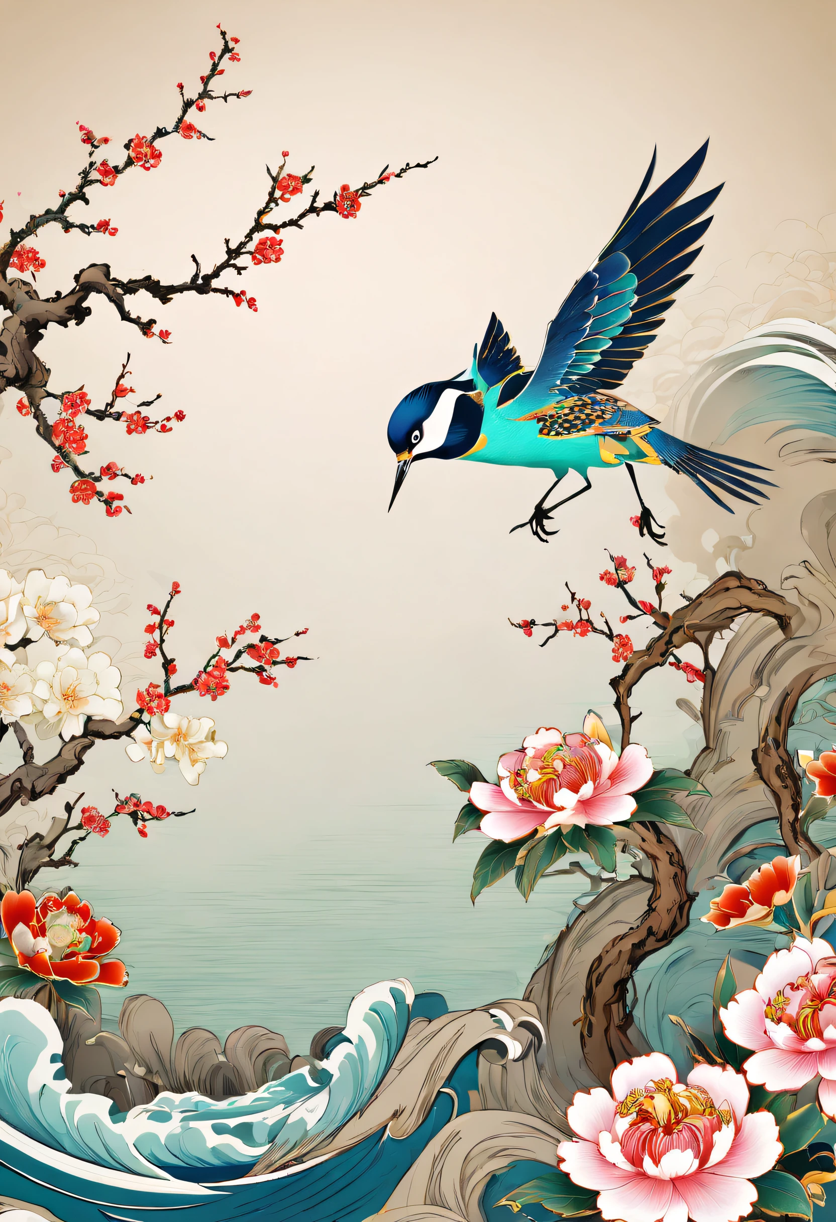 National tide, birds and flowers, Wrap, hyper HD, filigree, Chinese elements, illustration