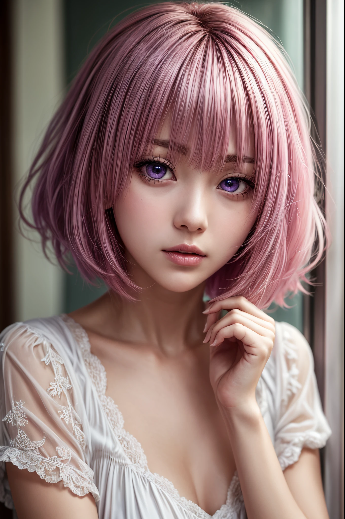 ph momo, momohd, phmomo, solo, 1girl, pink hair, purple eyes, short hair, hair