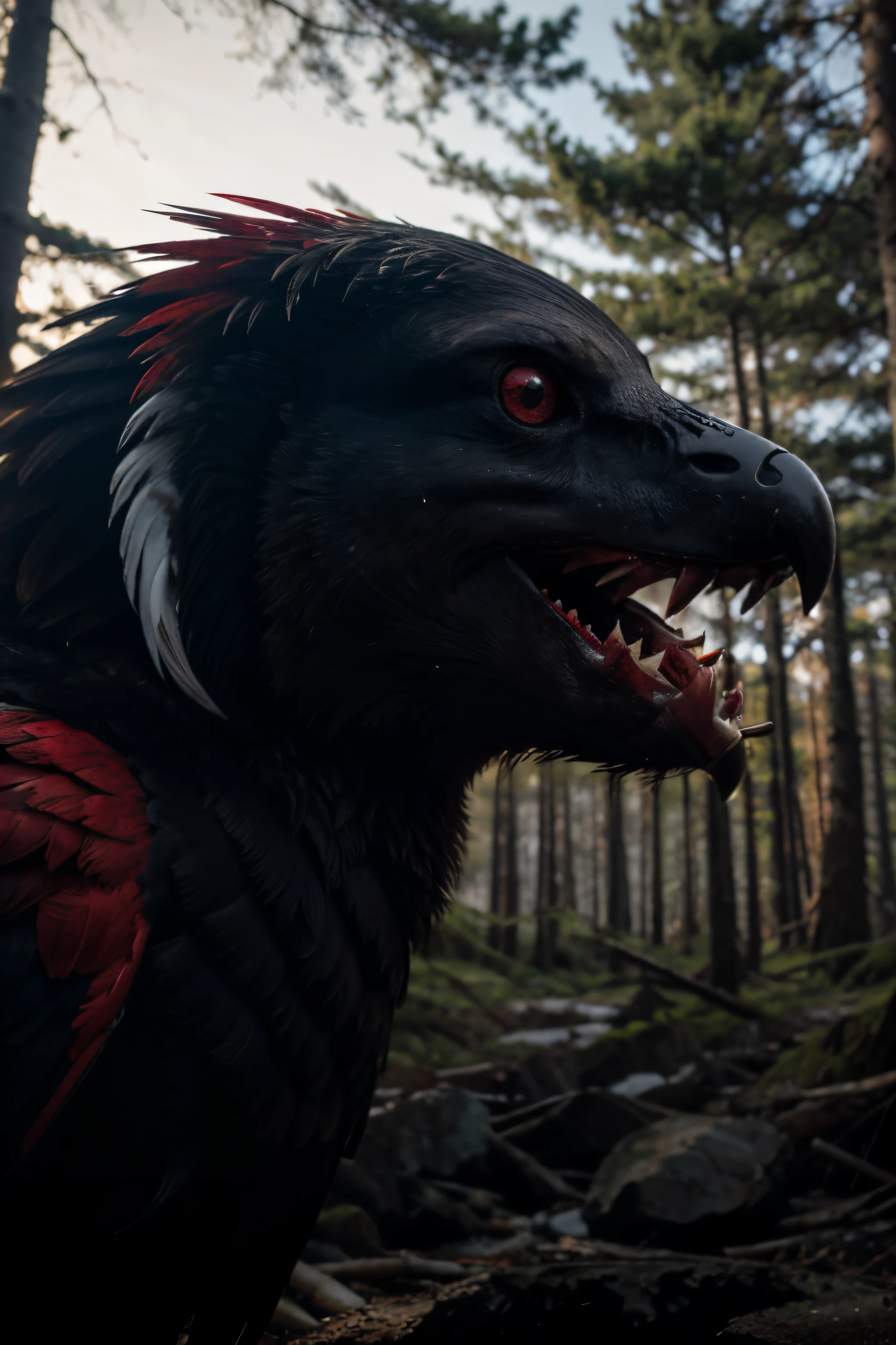 side shot sea bird with teeth smiling, scary mood, in black and red forest, 8k