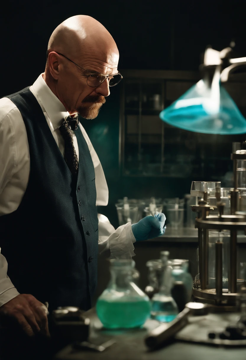 A photo of Walter carefully examining a batch of blue crystal meth in a dimly lit lab.,Breaking Bad,Walter White, the central character of “Breaking Bad,” undergoes a dramatic transformation in appearance: from a meek, unassuming high school chemistry teacher with a mustache and glasses, to the bald, bearded figure known as “Heisenberg,” exuding menace and authority. His wardrobe shift from nondescript, muted clothing to darker, more assertive attire mirrors his descent into the criminal world.
