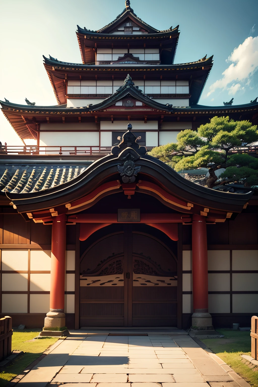 masterpiece, high quality images, perfect images, cinematic light, close image of a frontal gate of japanese ancient castle, afternoon atmosphere, fantastic art, 8k