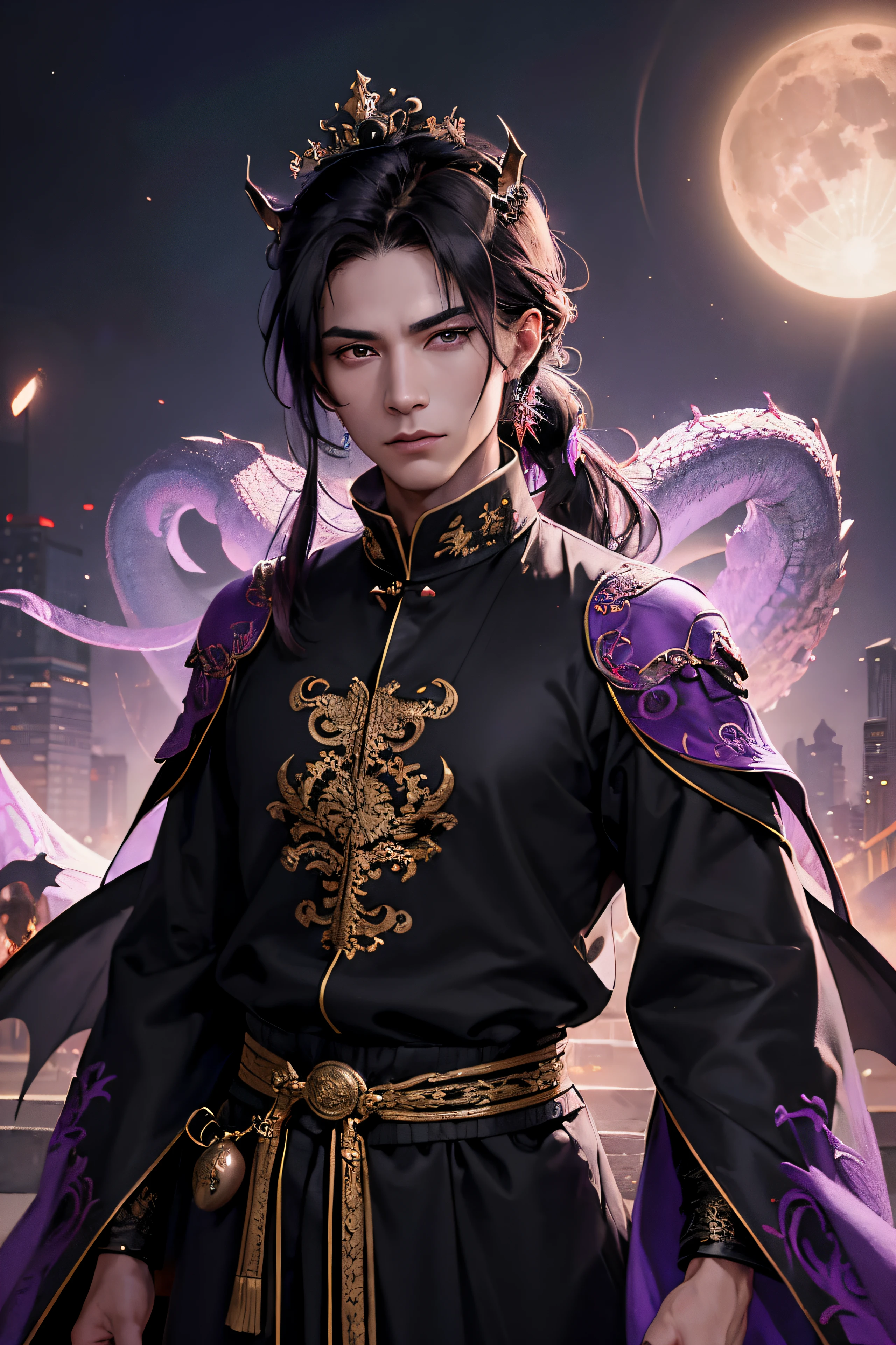 lots of details, real-world scenarios, high-definition photography, perfect hands, perfect eyes, perfect skin, perfect face, fierce 4k, masterpiece, looking at viewer, ((1 man 40 years old)), handsome, demon, king, emperor, warrior, (wearing a emperor crown), messy black long hair, messy ponytail, mountain, large moon, (((wearing a royal black long robe with bright purple dragon embroidery))), black turtleneck shirt, black pants, (((male))), battle pose, dragon, devilish gaze at viewer, cool and seductive, Demon God, fearful