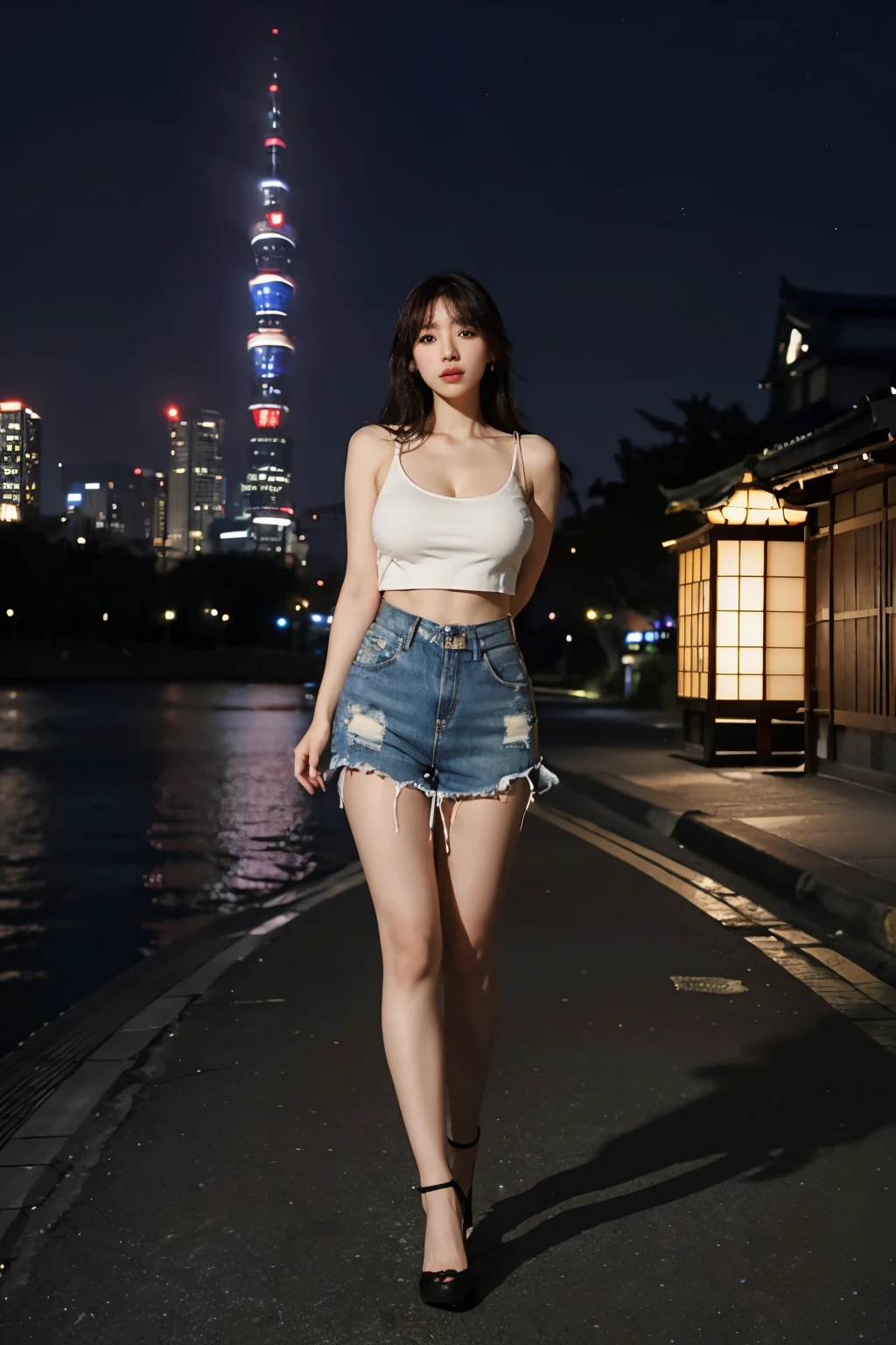 (masterpiece、high-level image quality、hightquality)、(Beautiful realistic Japan person、Beautie),1girl in, Night, Cityscape, City lights, Upper body, Tank Tops, (8K Video, Best Quality, masutepiece, Realistic, photographrealistic), (Colossal tits:1.5), thick thighs, A Japanese Lady、(Beauty Witch), bob, brunette, ((Full body))、A dreamy and fantastic scene、Stars in the night sky、kosmos、View the galaxy、Unleash Love、