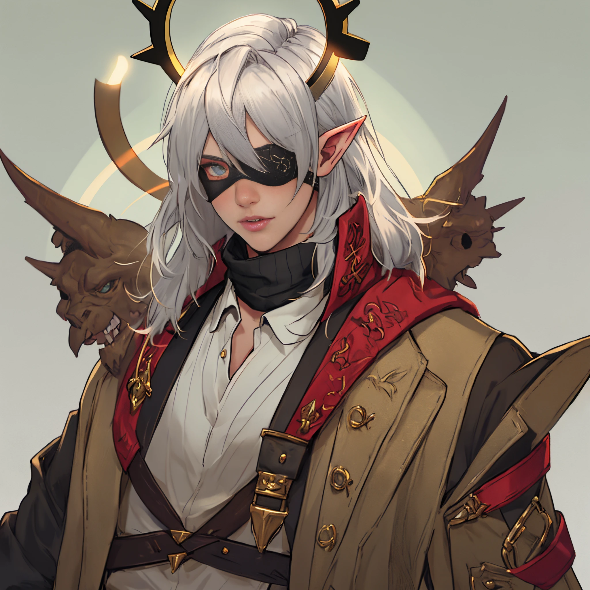 Tiefling with a halo and an eyepatch