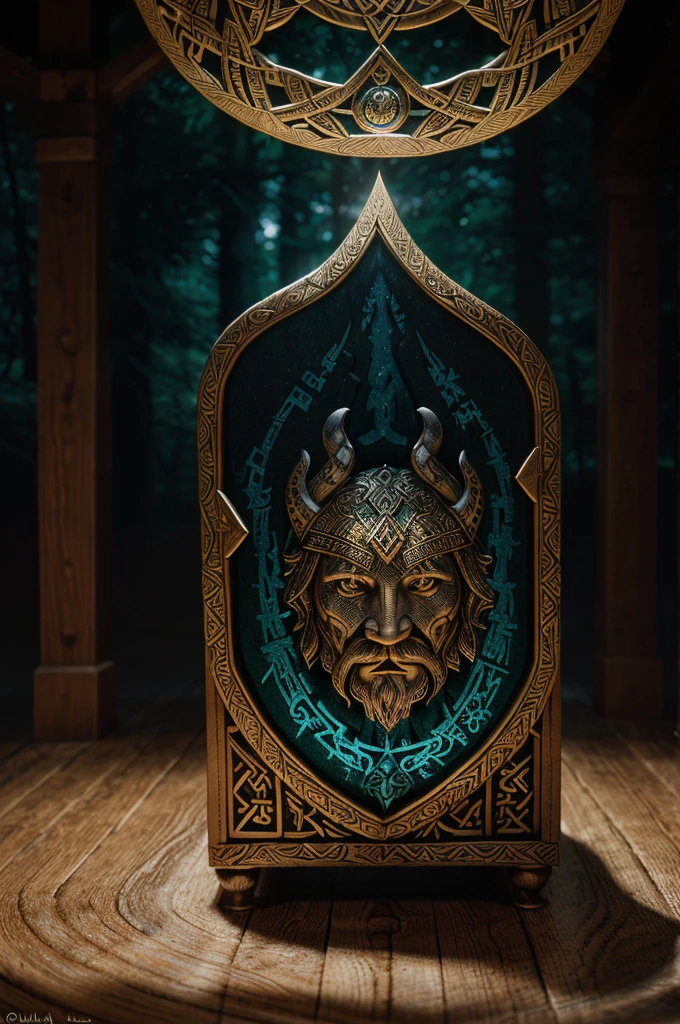 "A mythical Viking treasure chest, made of intricately carved wood and adorned with gold and precious gems. It is filled with ancient artifacts and treasures from Viking mythology. The chest is surrounded by a mystical aura, emitting a soft and ethereal light. The atmosphere is filled with a sense of adventure and wonder. The setting is a mist-covered forest, with tall and ancient trees. The colors are rich and vibrant, with deep shades of greens and blues, symbolizing the strength and power of the Viking legends. The lighting is dramatic, casting long shadows and creating a sense of mystery. The details of the chest are meticulously crafted, with every carving and ornament beautifully depicted. The overall quality of the image is of the highest standards, with ultra-detailed textures and realistic rendering. The art style is a blend of traditional illustration and digital painting, capturing the essence of Viking folklore. The tag also includes keywords like 'mythical creatures', 'enchanted runes', 'norse gods', 'epic battle scenes', 'floating Valkyries', and 'majestic dragon'. The composition is dynamic and captivating, drawing the viewer into the mythical world of the Vikings."