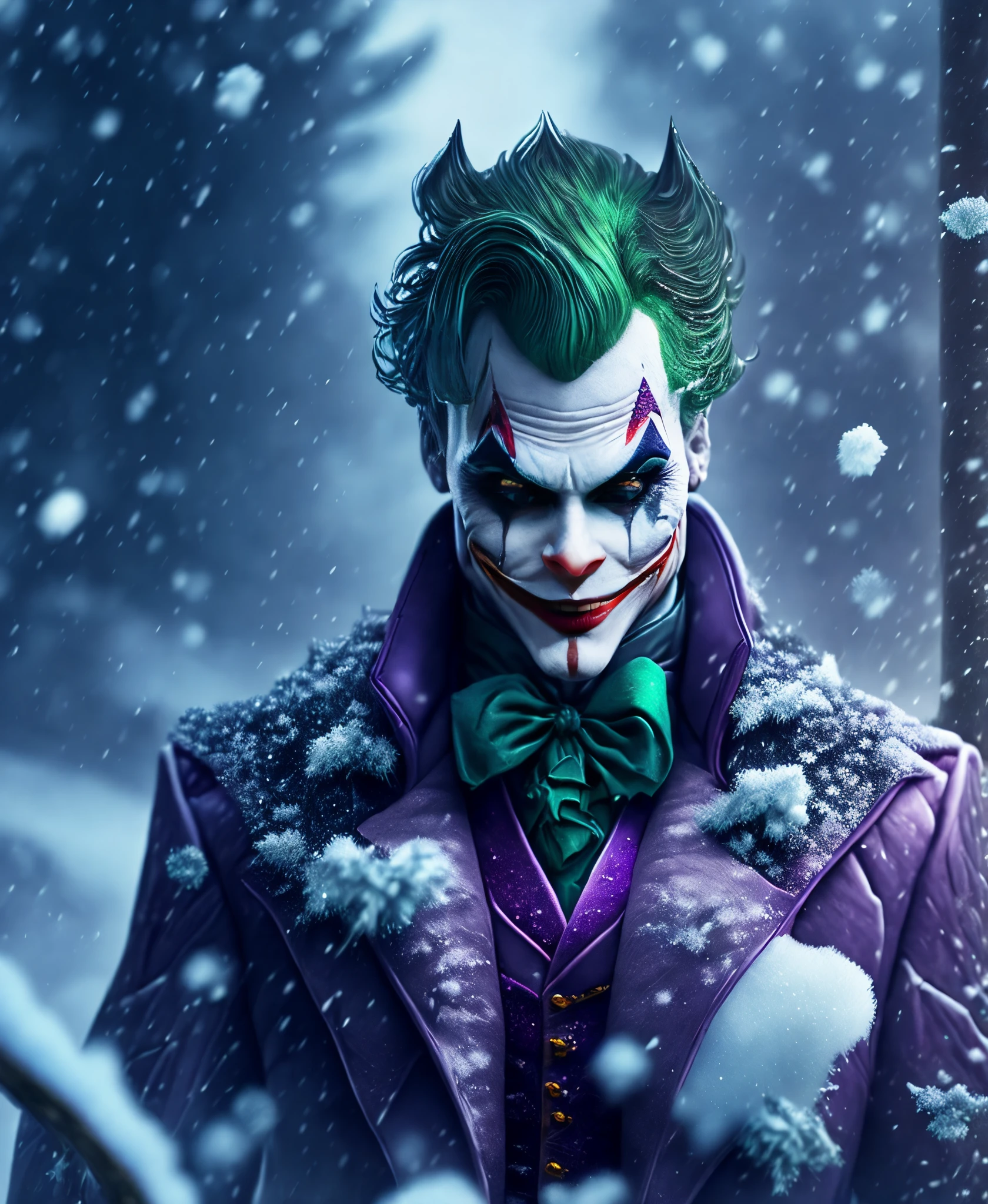 (extremely detailed 8k wallpaper), Close-up ( Winter themed joker From DC dressed in winter style: 1.3) emerging from the the beautiful nature, nature colours, extremely detailed, volumetric lighting