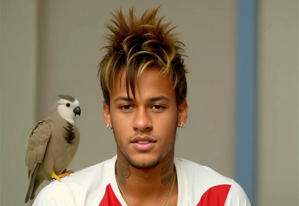 no estilo disney pixar, Young and handsome Neymar with messy cockatiel-style hair
