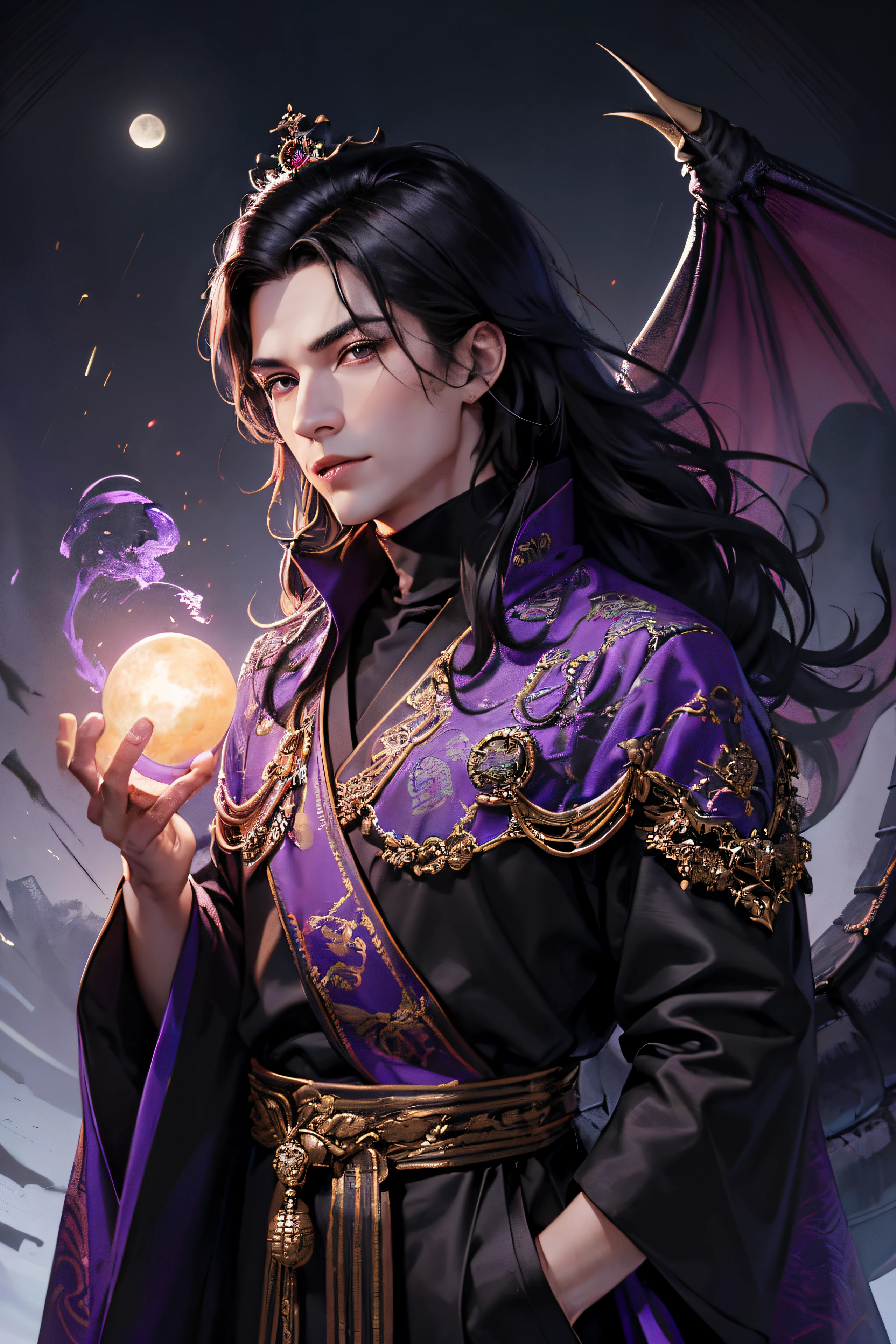 lots of details, real-world scenarios, high-definition photography, perfect hands, perfect eyes, perfect skin, perfect face, fierce 4k, masterpiece, looking at viewer, ((1 man 30 years old)), handsome, demon, king, emperor, warrior, (wearing a emperor crown), messy black long hair, mountain, large moon, (((wearing a royal black long robe with bright purple dragon embroidery))), black turtleneck shirt, black pants, (((male))), battle pose, dragon, devilish gaze, cool and seductive, evil God, (seductive gaze)