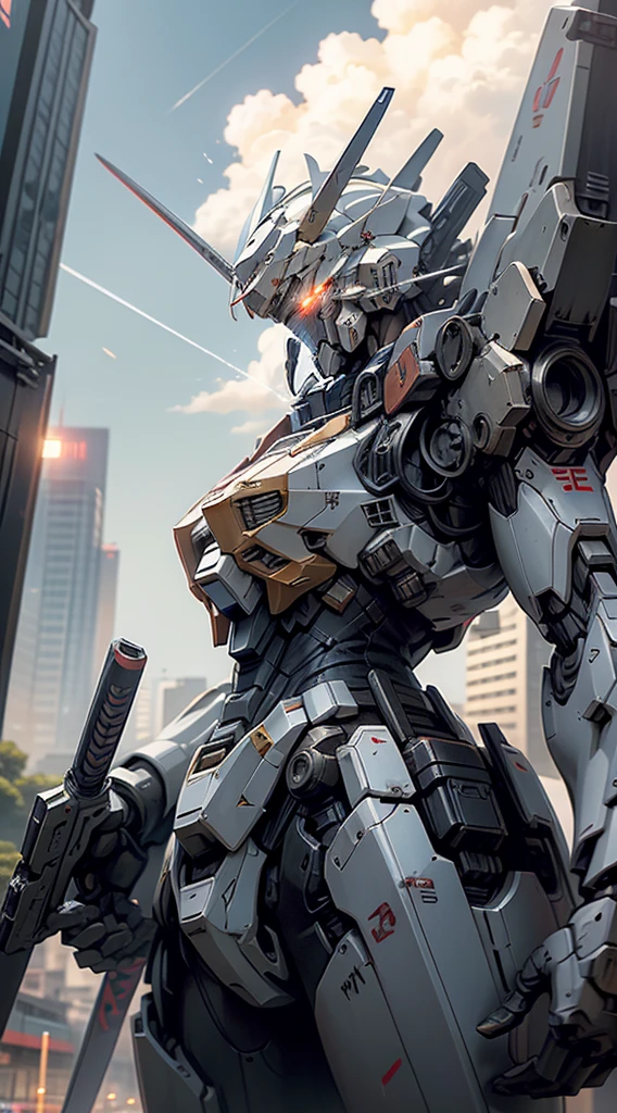 sky, cloud, holding_weapon, no_humans, glowing, giant mech, camera gaze, gundam, (Japan sword), dual-wielding, giant robot, Japan, building, glowing_eyes, mecha, science fiction, Japan, city, reality, mecha, combat, laser,cannon, weapons