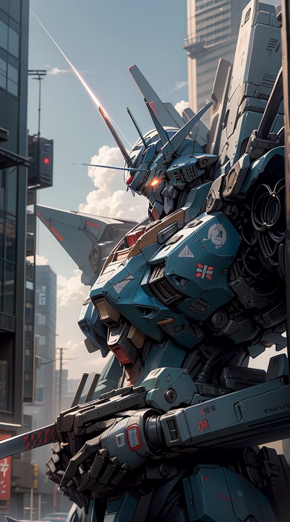 sky, cloud, holding_weapon, no_humans, glowing, giant mech, camera gaze, gundam, (Japan sword), dual-wielding, giant robot, Japan, building, glowing_eyes, mecha, science fiction, Japan, city, reality, mecha, combat, laser,cannon, weapons