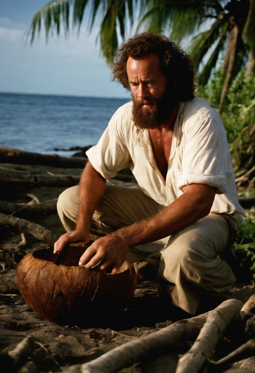 A photo of Chuck using his coconut shell fruit picker to gather ripe fruit from a tall tree,Cast Away (2000),Chuck Noland, portrayed by Tom Hanks in the film “Cast Away,” is currently stranded on a deserted island in the Pacific Ocean. Sunburnt and bearded, with long, unkempt hair, his physical condition reflects the harsh realities of island survival. , male