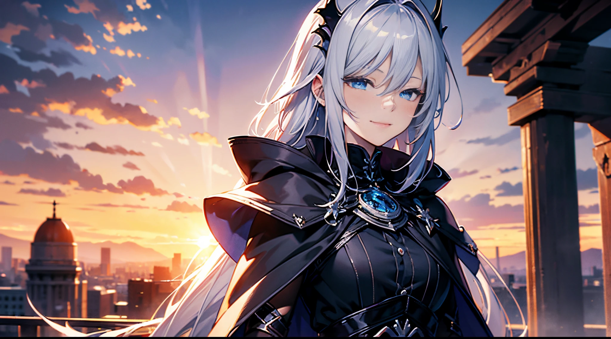 masterpiece, best quality, masterpiece,best quality,official art,extremely detailed CG unity 8k wallpaper, sunset, huge_filesize, bust, male, alternate hair length, silver hair, light smile, dress, half-closed eyes, blue eyes, cape, gothic, shushing,