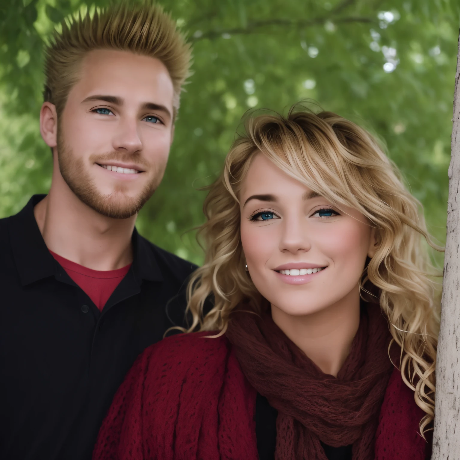 Smiling couple in tree, blonde spiky gaired guy with woman who has long wavy blonde hair.