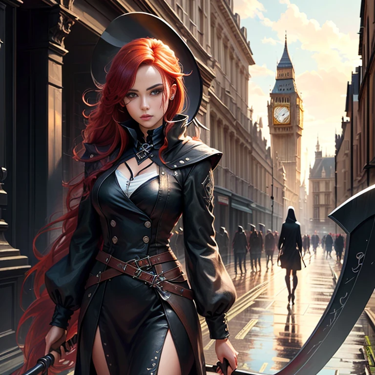 Reaper scythe. Red hair. Female. London