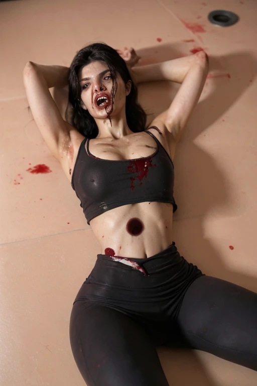 (long shot:1.4), YaelAris wearing a t-shirt and black leggings, crop top, gym, home gym, ((wide hips)), ((huge breasts)), abs, lean body, ((laying on floor)), injured, unconscious, bleeding from head, wounded, bleeding eyes, (arms at hips), (((hole in stomach))), (wound on stomach), ((gunshot wound)), bone fracture on face, dead, body decomposing, broken face, torn off flesh, torn off clothing, corpse, right eye gone, missing eye, screaming, horror, blood on arm, blood on waist, ((blood in mouth)), drowning, organs showing, (intestines), bone