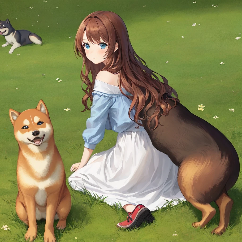 Young girl with long wavy reddish brown hair and blue eyes lying completely naked on the grass while a shiba inu stands behind her and licks her wet folds, juices dripping wetly down her thighs. Her legs are spread widely for the dog as it mounts her from behind, gripping her hips. Another one licks between her legs. Her naked body is covered in white juices. Drawn in cute anime style.