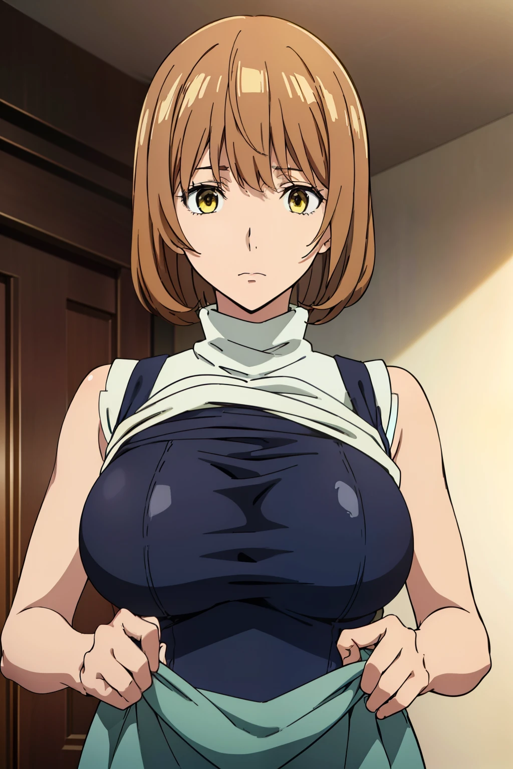 Best Quality, masutepiece, Brown hair, Yellow eyes, Yuriko Aoki, Embarrassed look, (oversize breast:1.5), (Grey Sleeveless Turtleneck:1.5, no-bra, Thin fabric), Slimed, (Clothes lift:1.5), Upper body, Bedrooms, (Perfect Anatomy, perfect detailed body, Beautiful detailed eyes, Beautiful detailed skin),