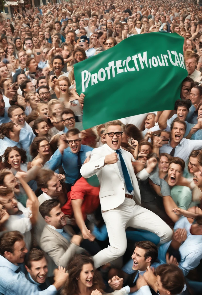 The image is a photo of me desperately chasing after a group of people, holding a giant banner that says 'Protect Your Car with Extended Warranty!',original,Middle-aged white guy in business casual attire. A bit nerdy