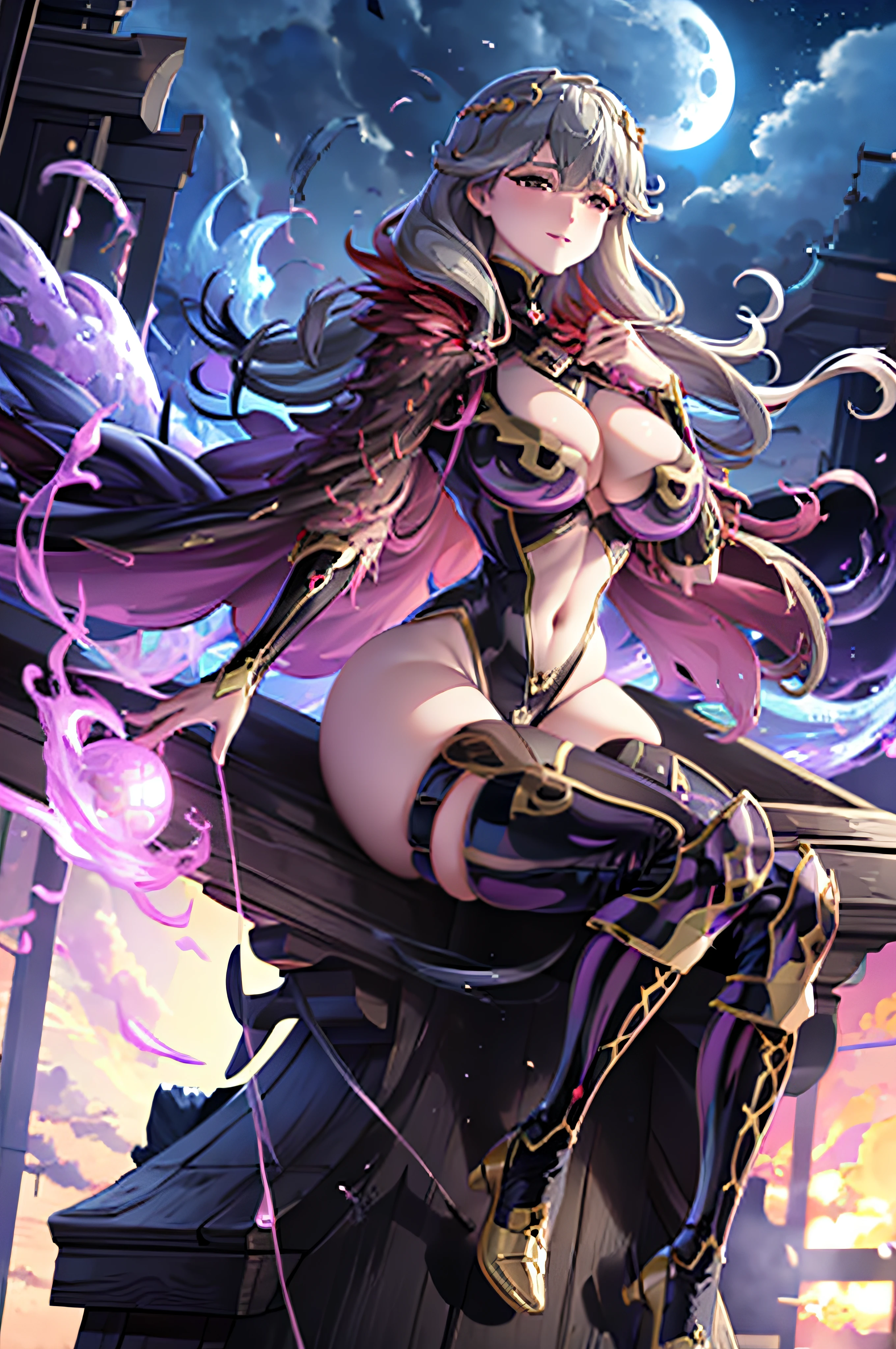 masterpiece, best quality, ultra-detailed, faye fe, harrier outfit, huge breasts, hand on chest, thick thighs, evil smile, sexy eyes, wide hips, night sky, moon, glowing purple