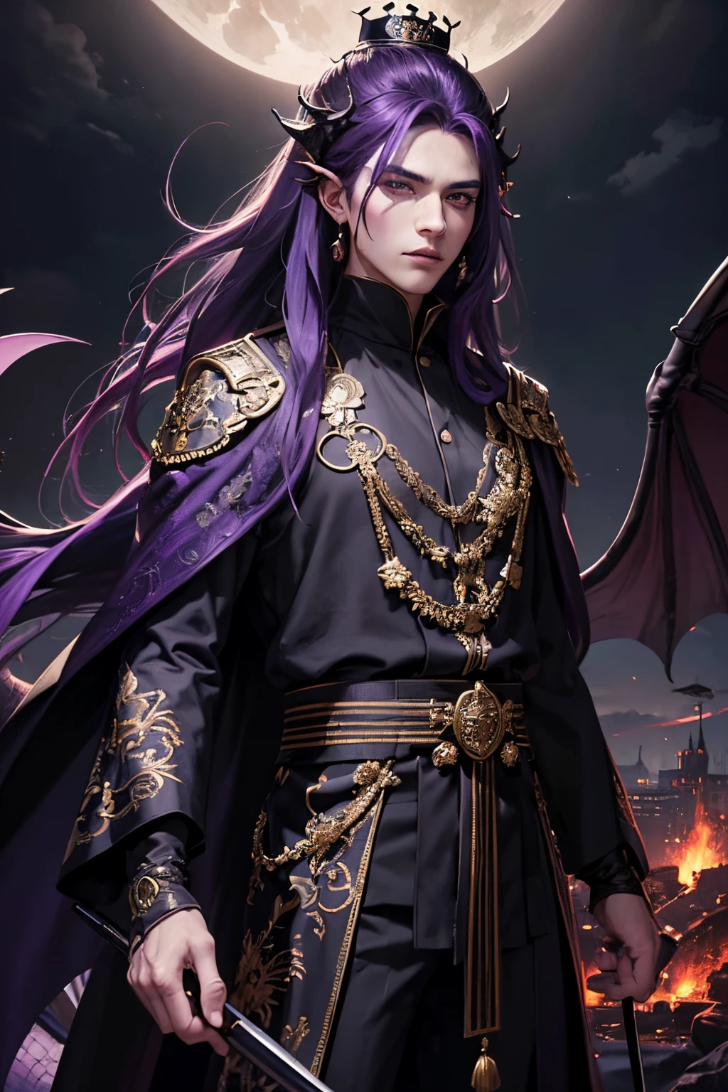 lots of details, real-world scenarios, high-definition photography, perfect hands, perfect eyes, perfect skin, perfect face, fierce 4k, masterpiece, looking at viewer, ((1 man 30 years old)), handsome, demon, king, emperor, warrior, (wearing a emperor crown), messy black long hair, mountain, large moon, (((wearing a royal black long robe with bright purple dragon embroidery))), black turtleneck shirt, black pants, (((male))), battle pose, devilish gaze, cool and seductive, evil God, ((seductive gaze))